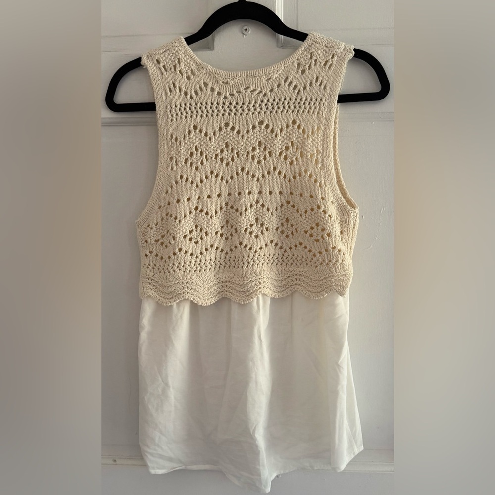 Anthro Ivory Crochet Sweater Tank Layered Boho Knit Blouse S - Picture 6 of 7